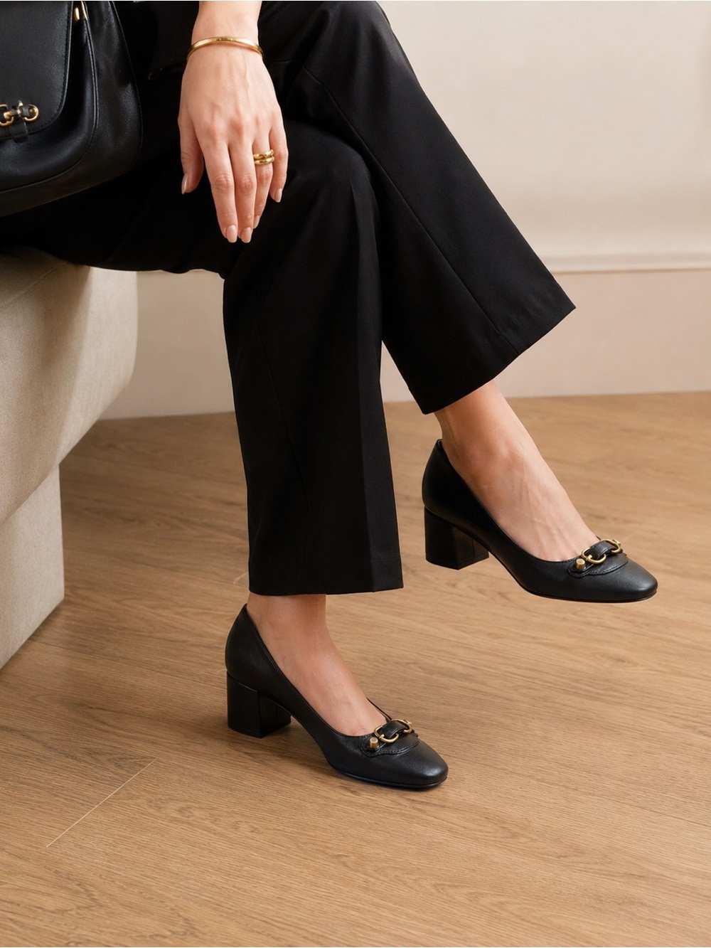 Balenciaga Black Leather Low Block Heel Pump with Buckle Detail